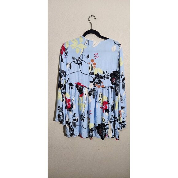 Free People Tunic Top Womens XS Blue Floral Long Sleeve Boho Blouse Chambray C - Picture 1 of 13